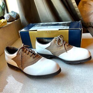 FootJoy Women’s Size 9 Golf Shoes White Tan Brown Saddle Wing Tip and Box